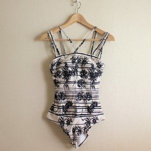 White Palm Tree Print & Stripe One Piece Swimsuit